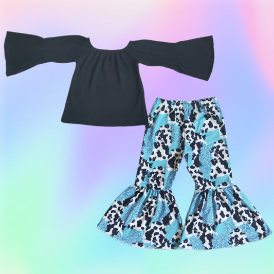 Black shirt with Flare cow print bottoms set