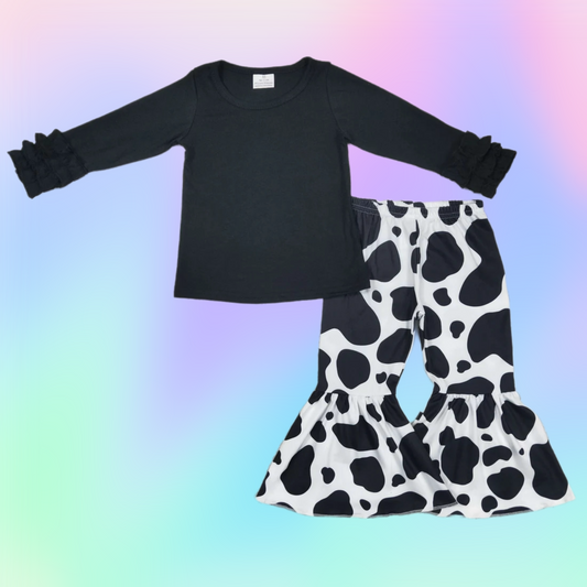 Black shirt with Cow print flare bottoms